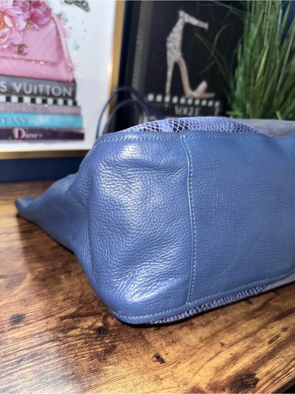 Tory Burch Chevron Color-Block Tote Blue Suede Pebbled Leather
